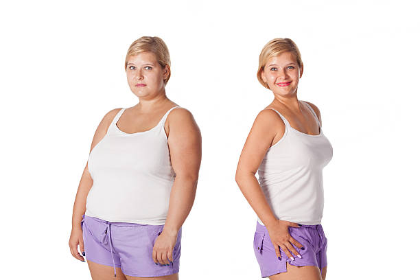Beautiful fat woman demonstrating weight loss phase. Comparison before and after weight loss.